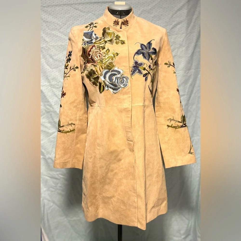 bagatelle Beige Suede Leather Embroidered Floral Coat - Picture 1 of 9